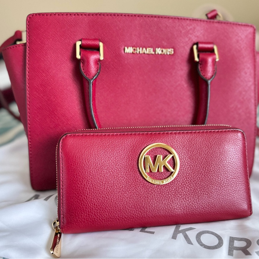 Michael Kors Selma Saffiano Leather 
Medium Cherry Satchel & Pebble Wallet